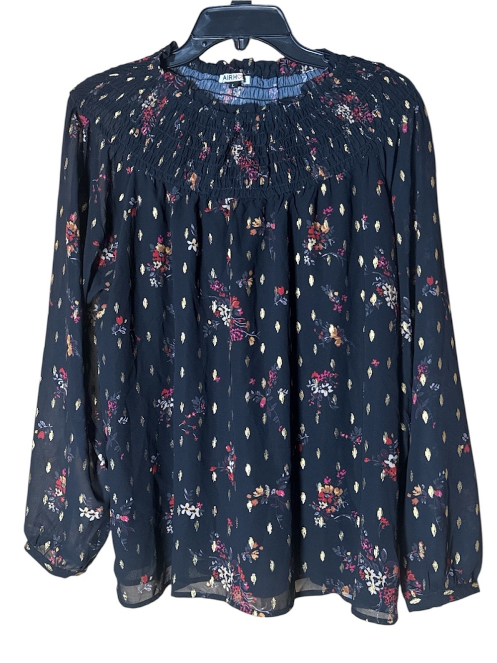 FAIRHOPE Black Floral Smocked Top with Gold Accents Lined - Size L